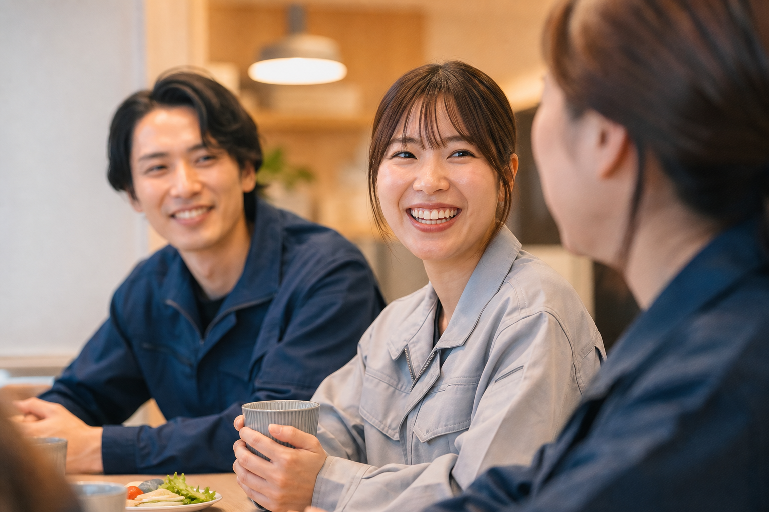 工場・物流の従業員たちが休憩室でコミュニケーションを取っている場面