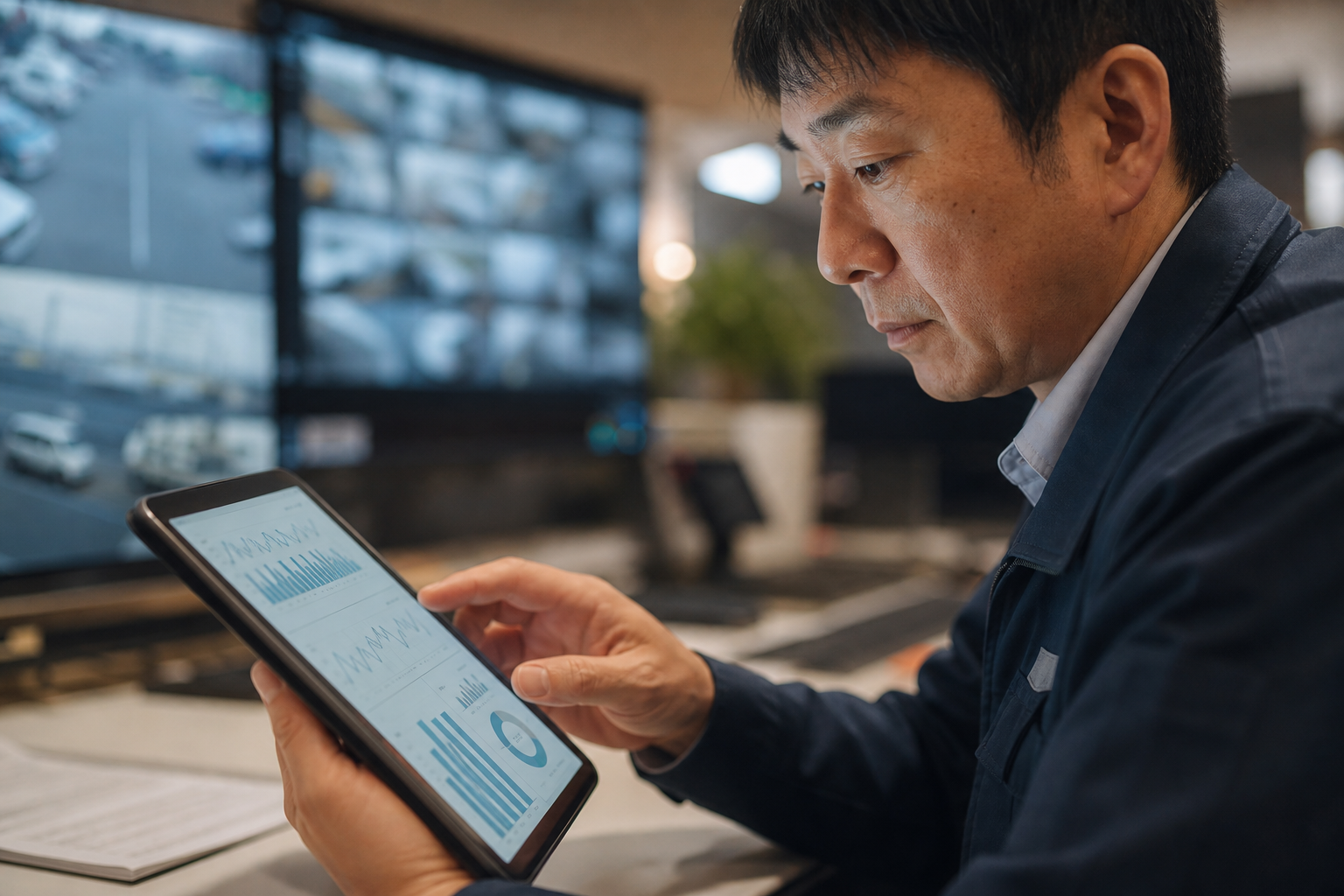 運輸会社の管理者がタブレットで従業員の睡眠傾向データを確認している