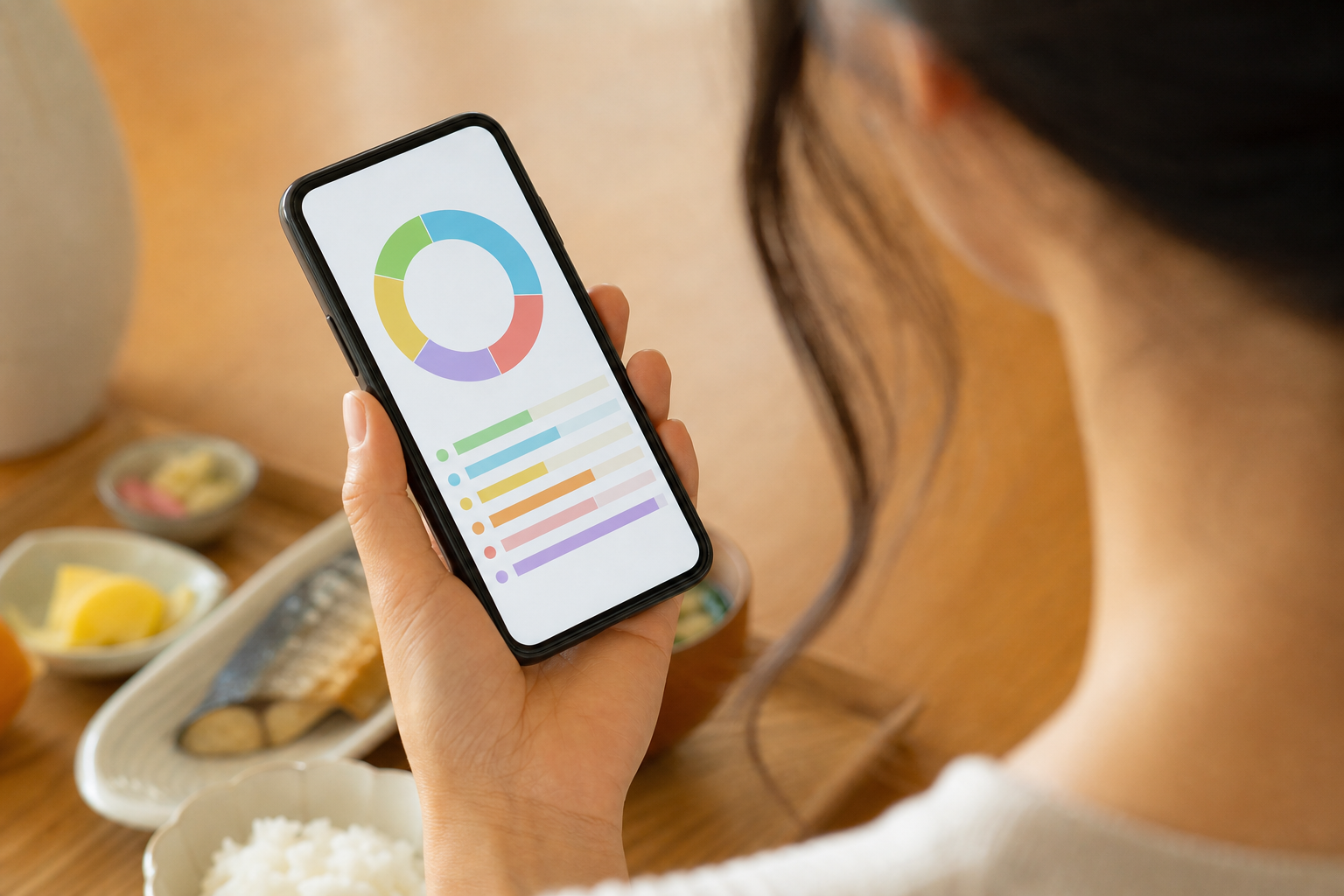 スマートフォンで栄養チャートを確認する手元