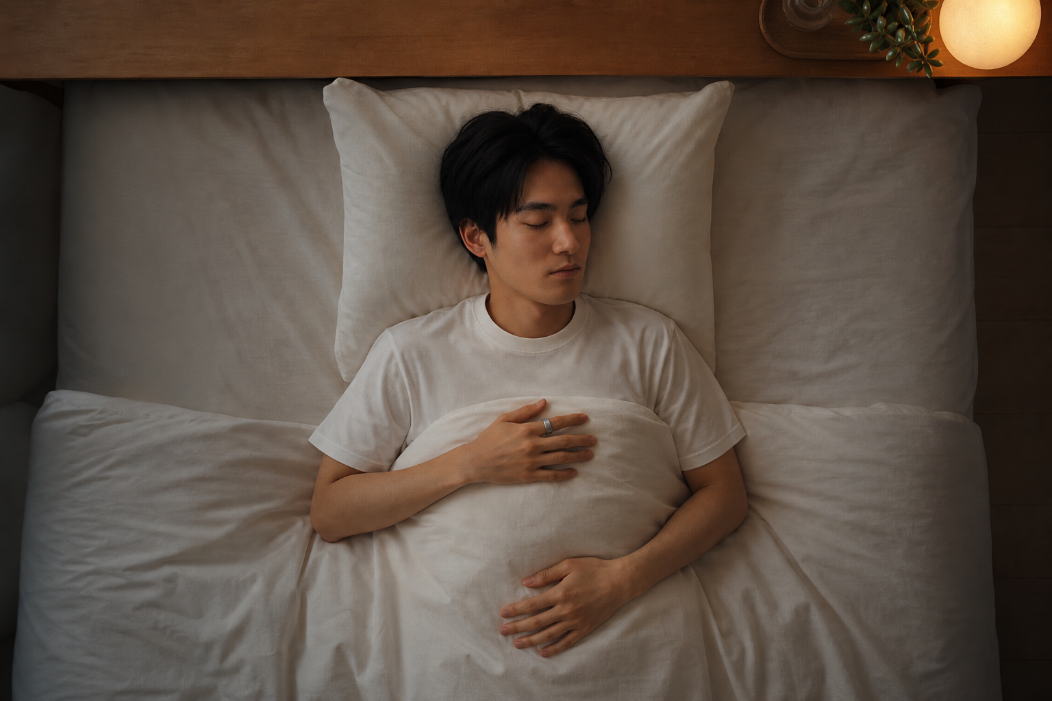 睡眠デバイスを装着して眠る人の情景