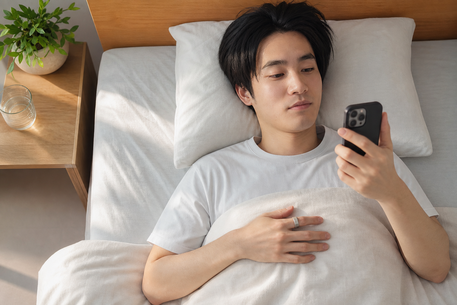 朝起きてスマートリングと睡眠スコアを確認する人