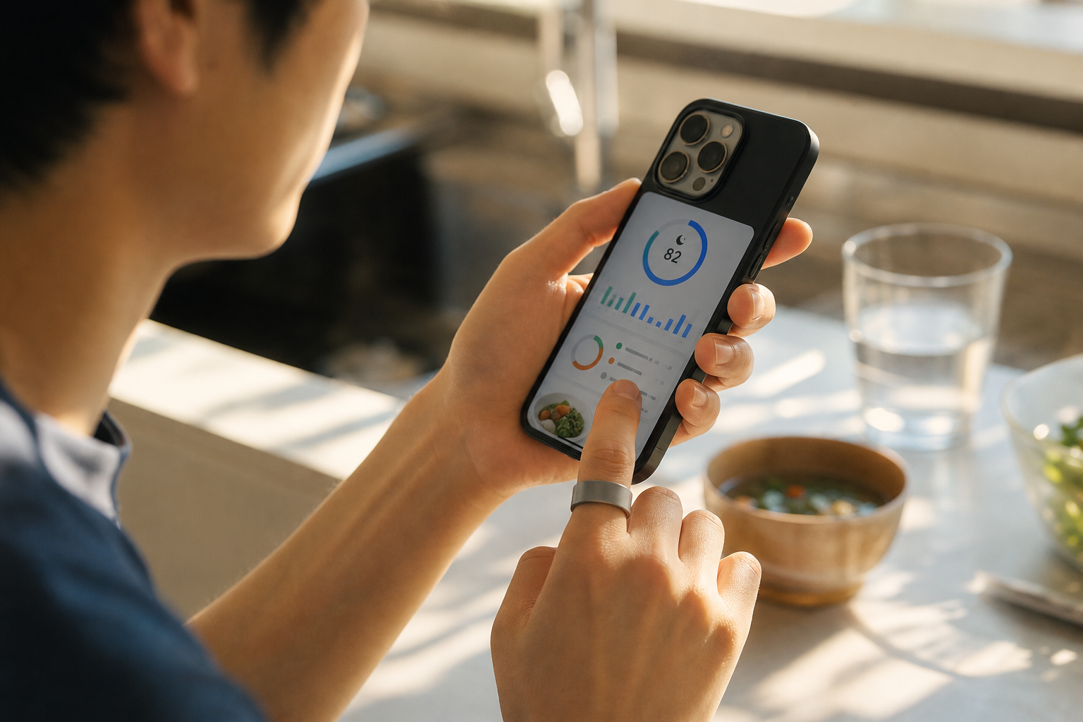 睡眠回復スコアと食事ログが表示されたスマホを持つ手元