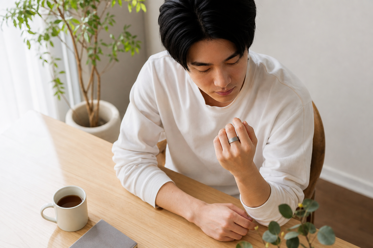 日中にスマートリングで回復状態を確認する人物