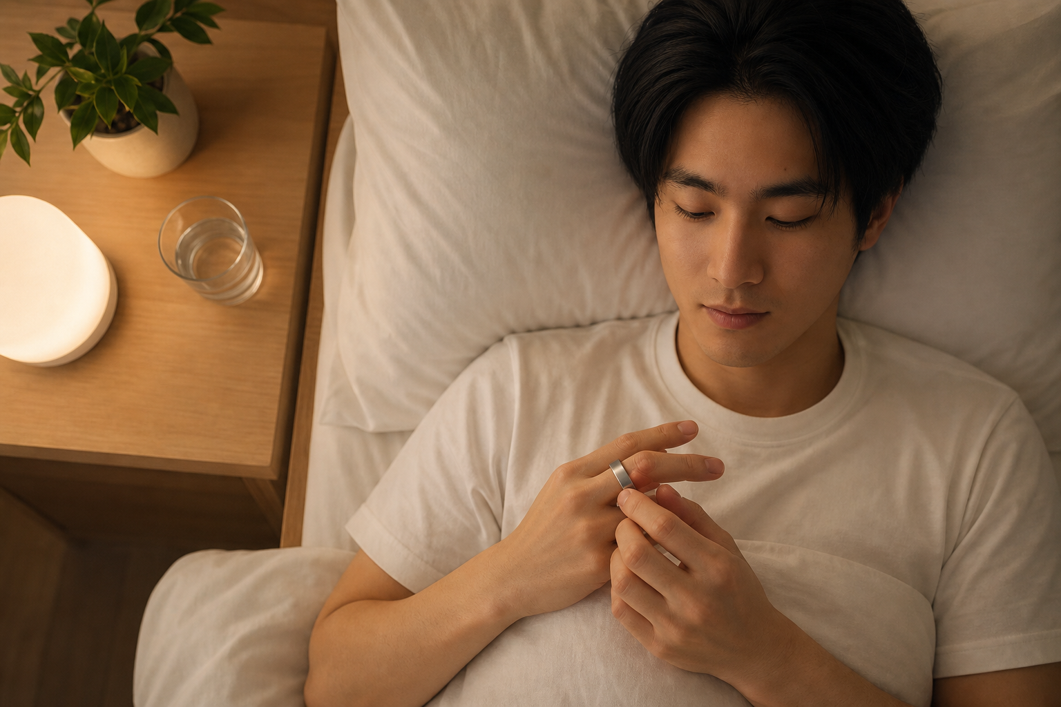 朝起きてスマートフォンで睡眠スコアを確認する人