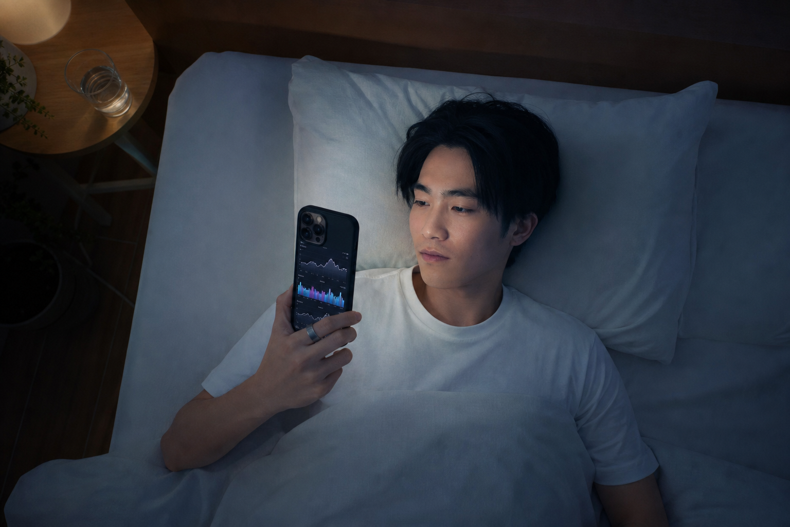 睡眠アプリの画面を確認する人物