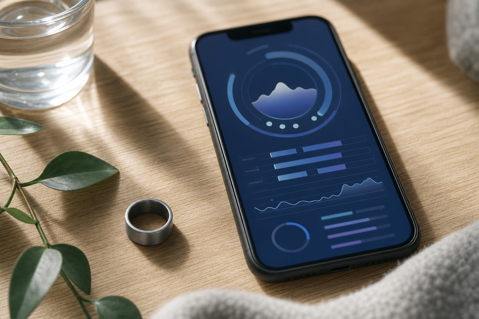 スマートリングと睡眠スコアアプリのフラットレイ