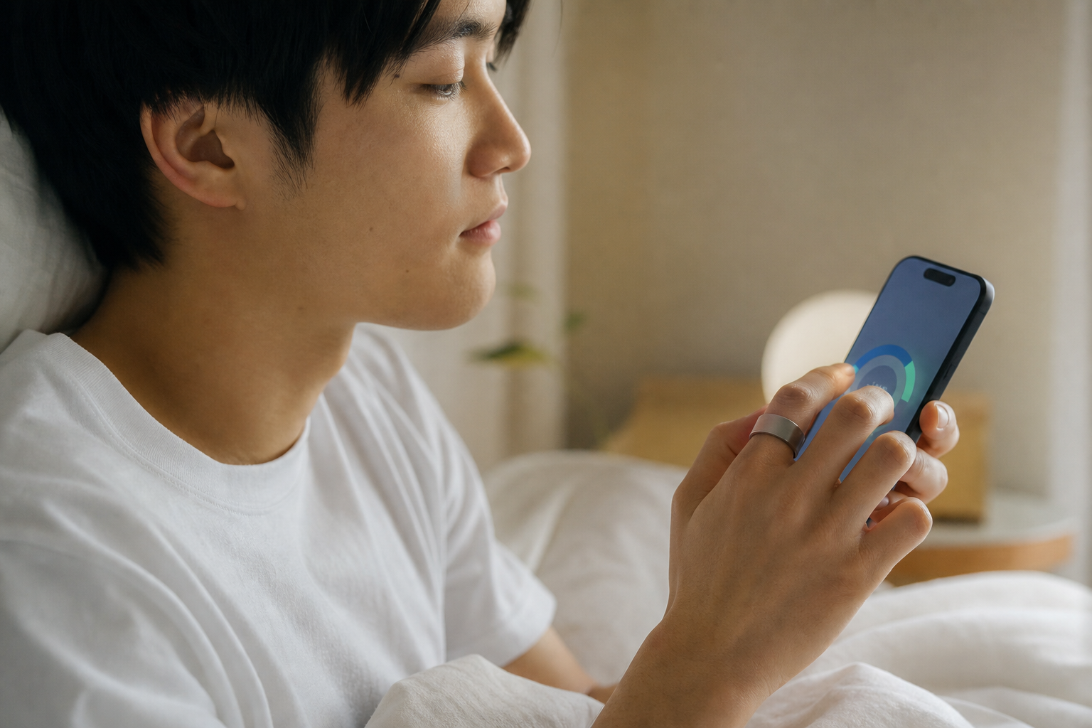 朝に睡眠スコアを確認するユーザーの手元