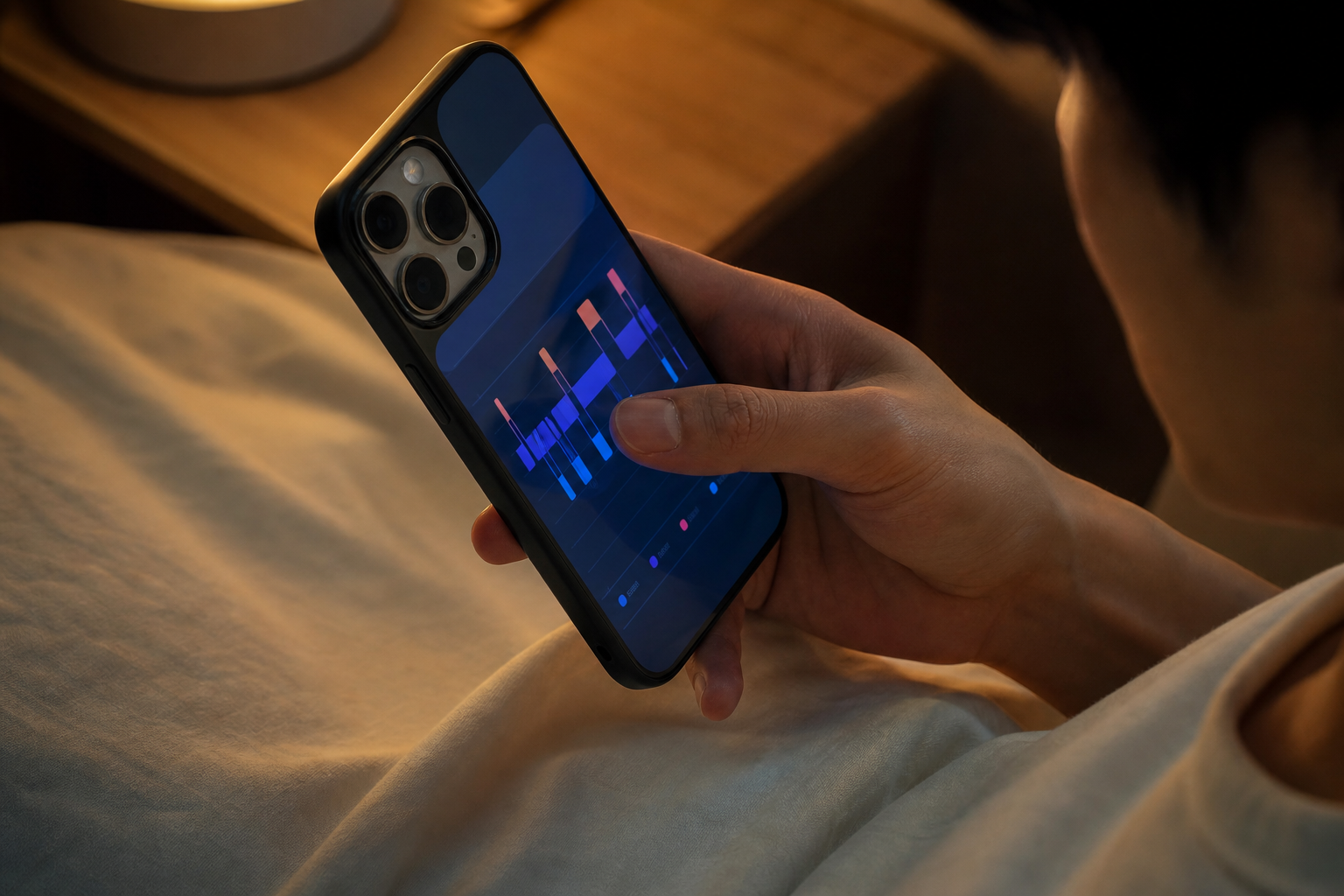 スマートフォンで睡眠グラフを確認する手元のアップ
