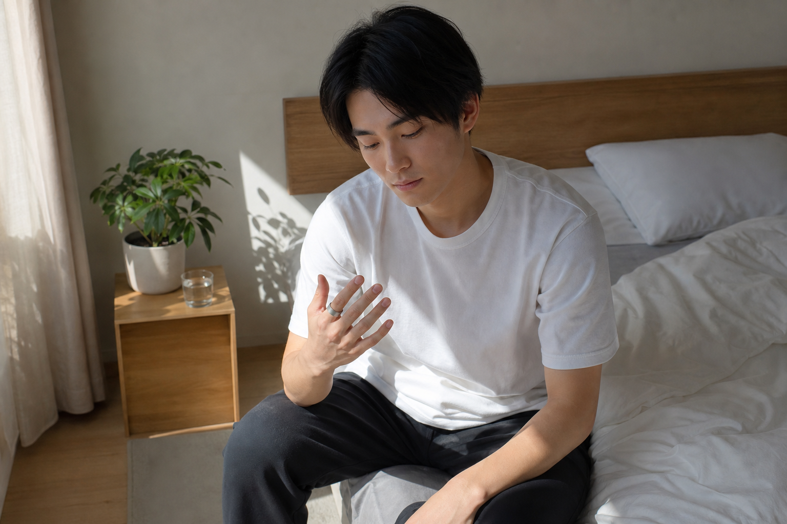 朝目覚めてスマートリングの睡眠データを確認する人
