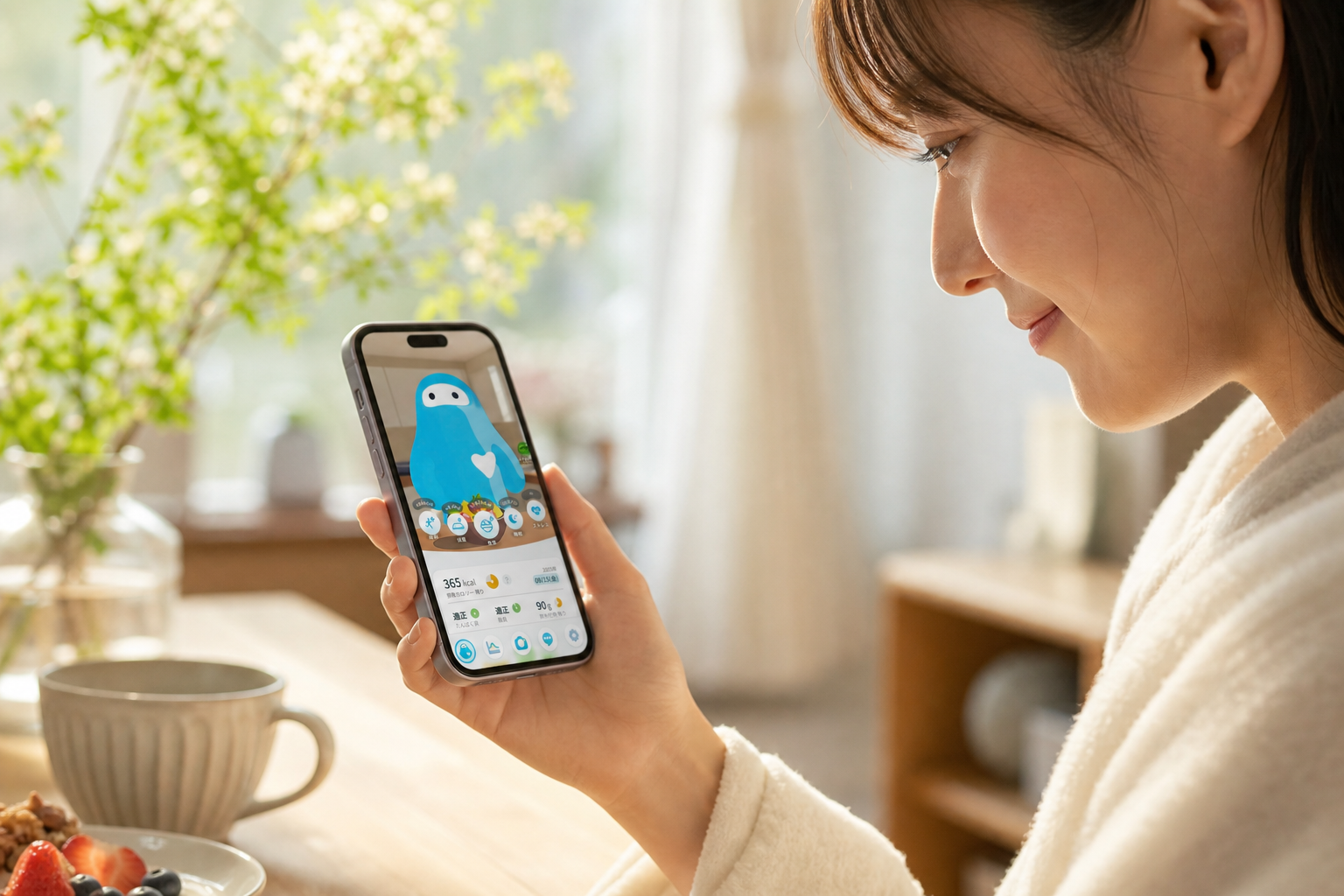 朝にスマホで健康データを確認する人物