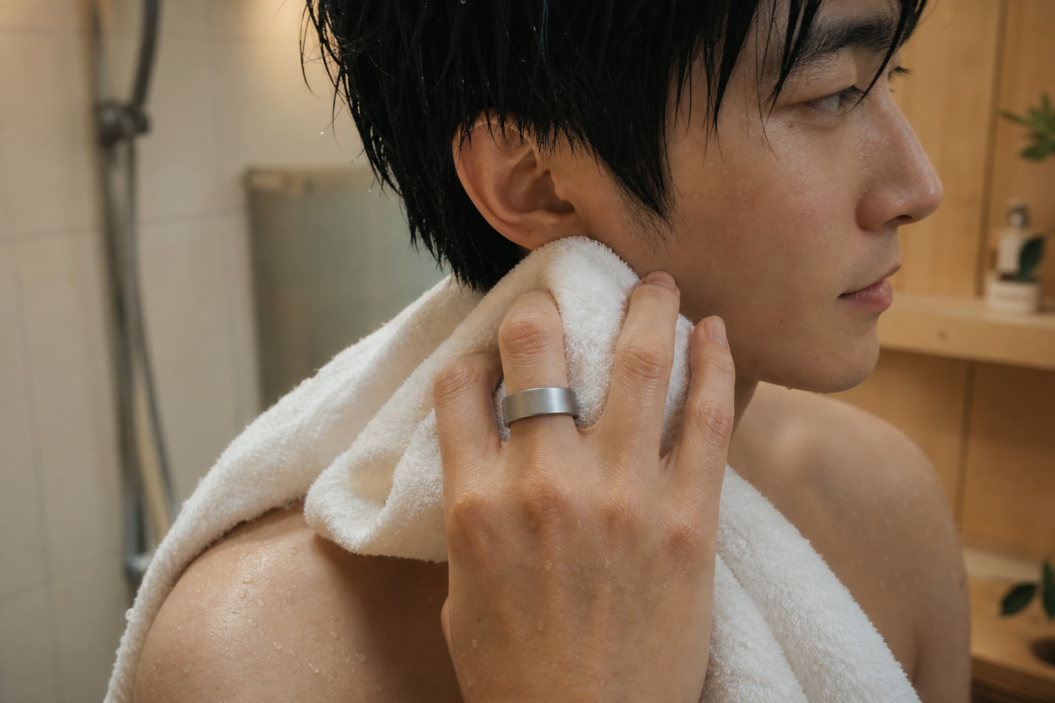 明るい日本のバスルームでシャワー後にチタン製スマートリングを着けた人物の朝のルーティン