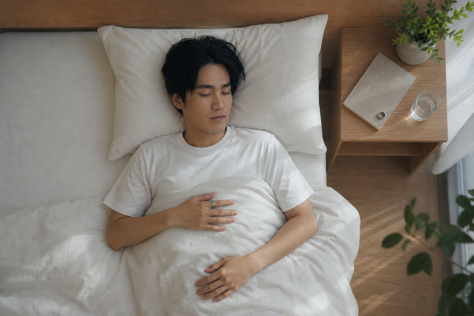 睡眠管理グッズが並ぶベッドサイドの俯瞰画像