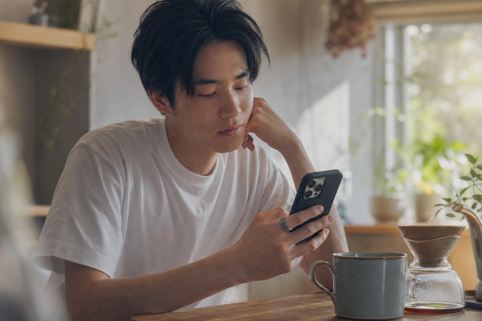 朝コーヒーを飲みながらスマホで睡眠データを確認する場面