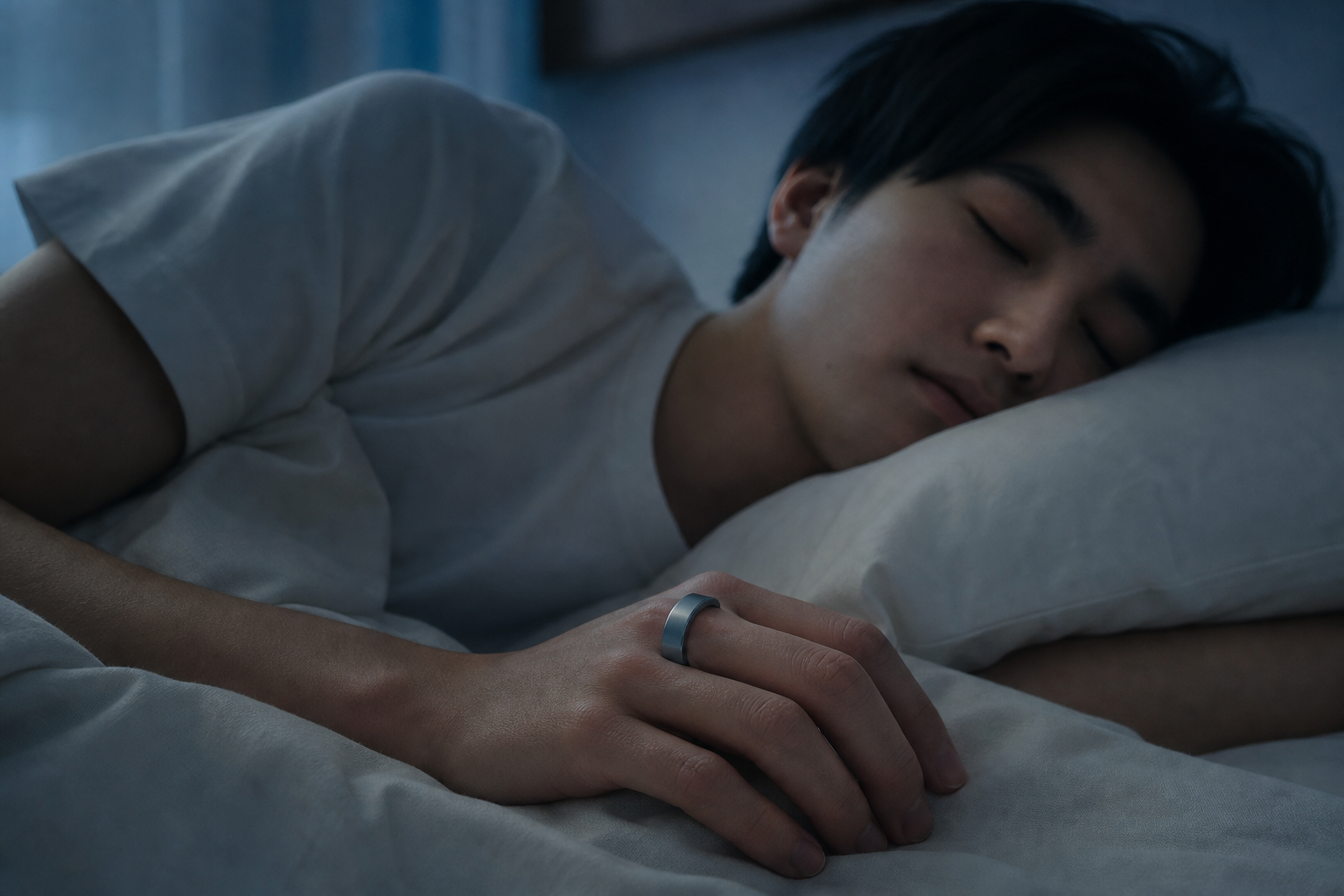 睡眠リングを装着して就寝するシーン