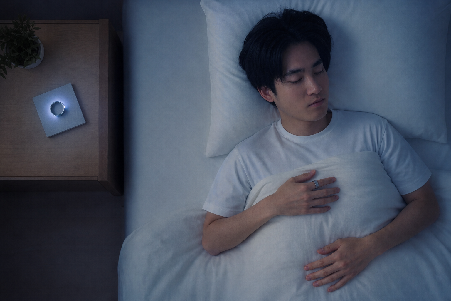睡眠トラッカーと眠る人の夜景