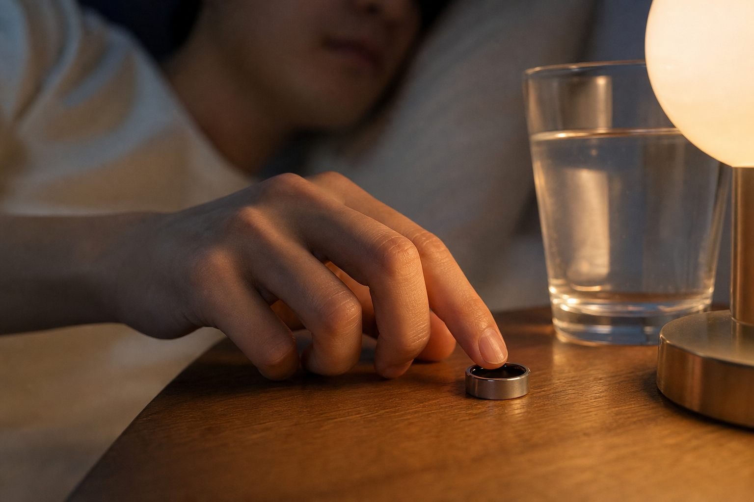 就寝前にスマートリングを充電しながら水を飲む手元のディテール