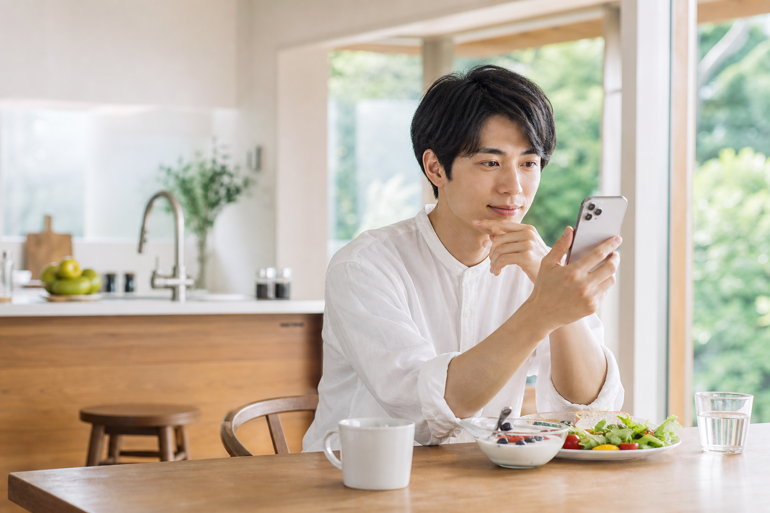 朝のキッチンでスマートフォンの睡眠データを確認しながら朝食をとる人物の情景