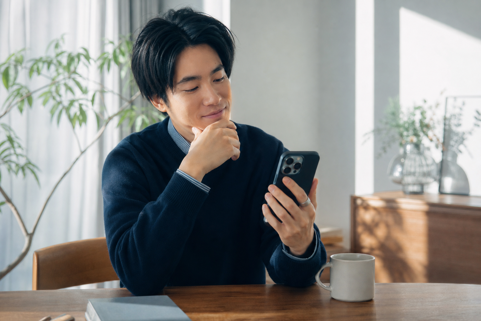朝にスマートフォンで睡眠スコアを確認する人物