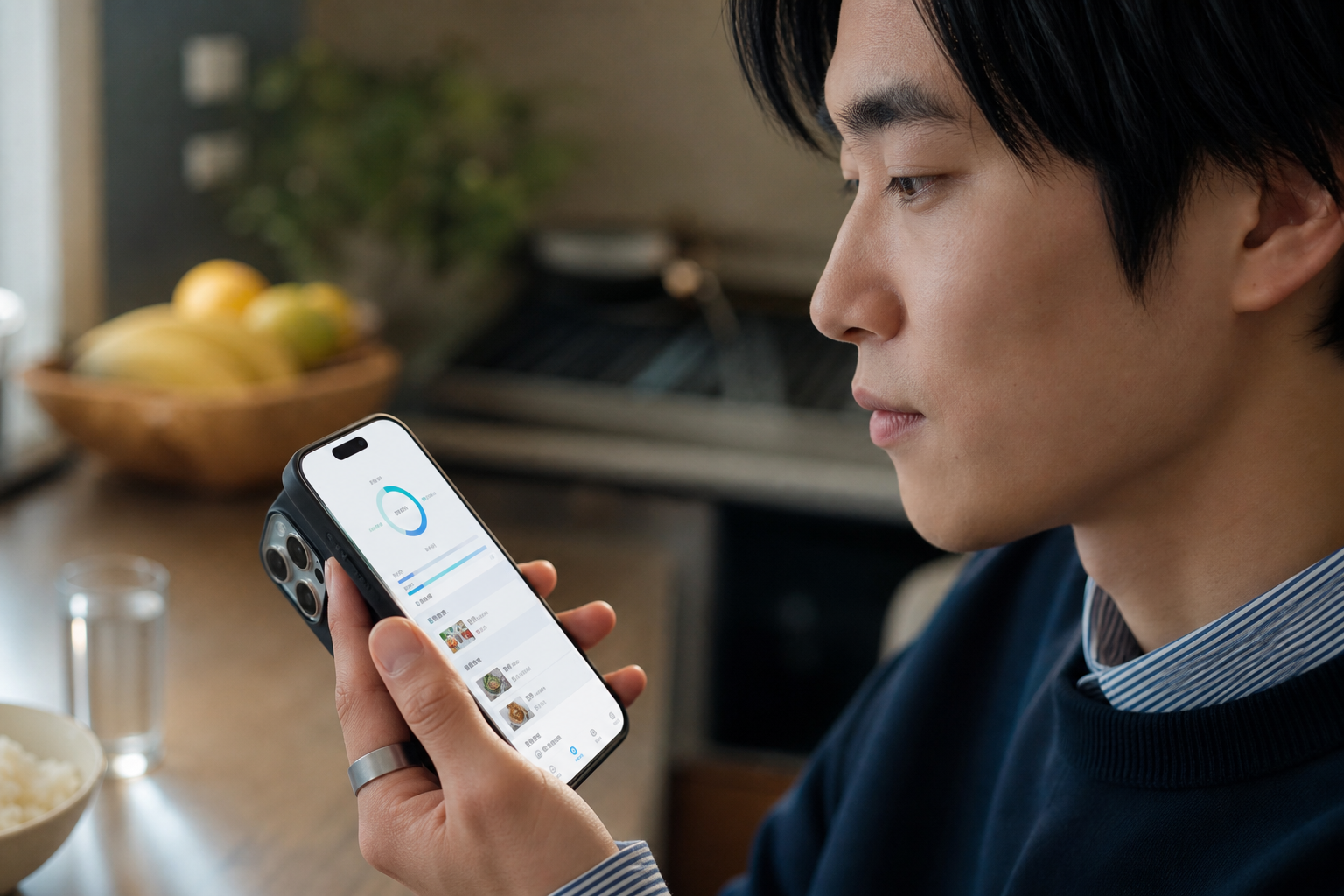 スマートフォンで睡眠スコアと食事ログを同時に確認するシーン