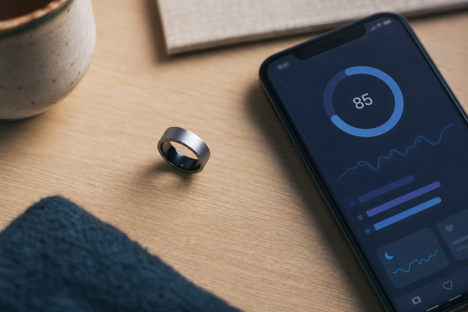 スマートリングとスマートフォンの睡眠スコア画面の俯瞰イメージ