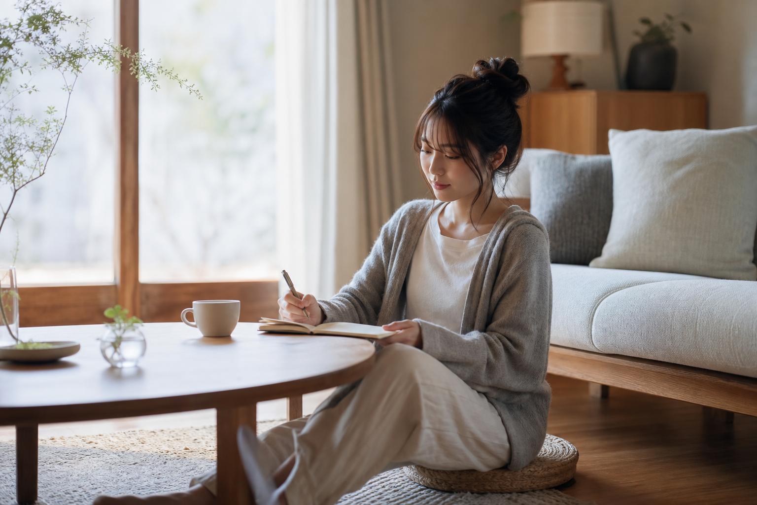 週次の体調パターンを振り返る人物のリビングシーン