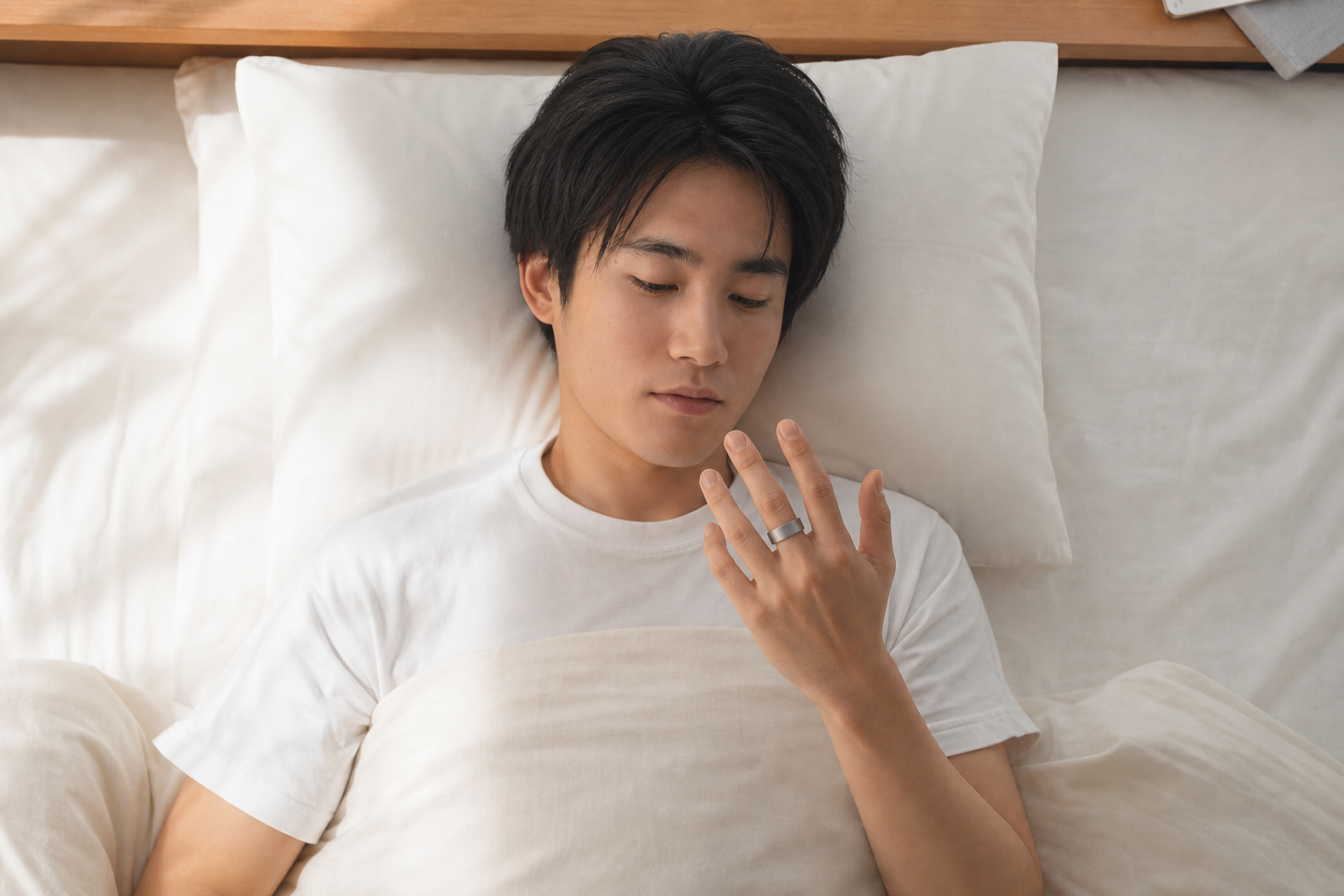 スマートリカバリーリングで睡眠データを確認する朝のシーン