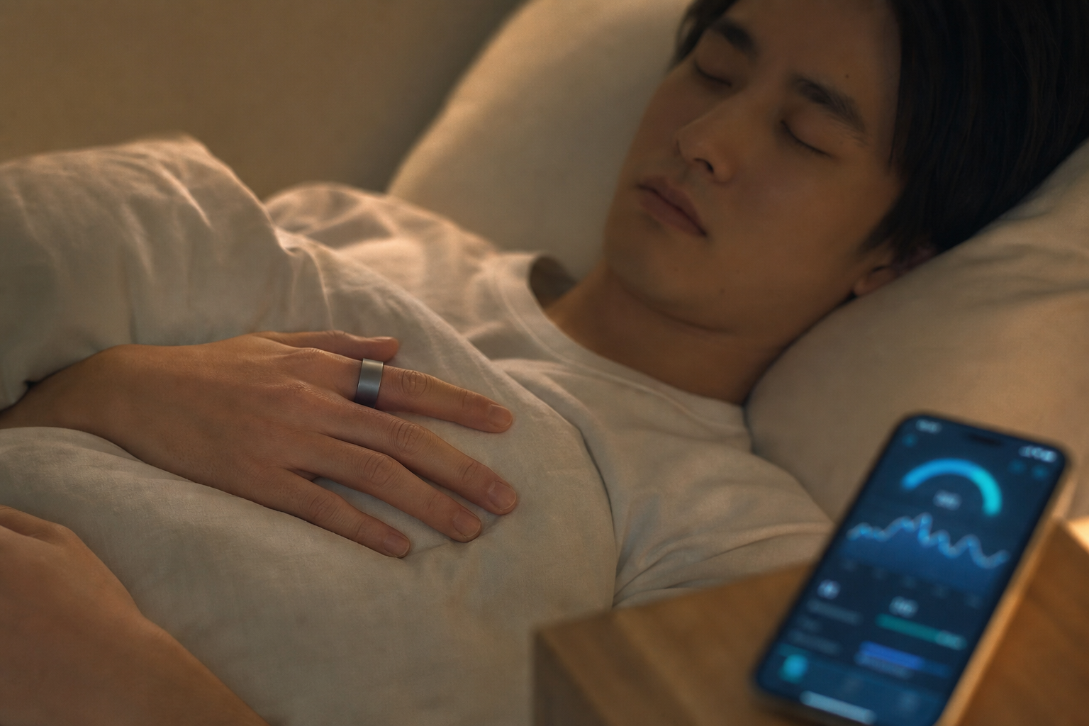 就寝中にスマートリングを装着してリラックスして眠る人の情景