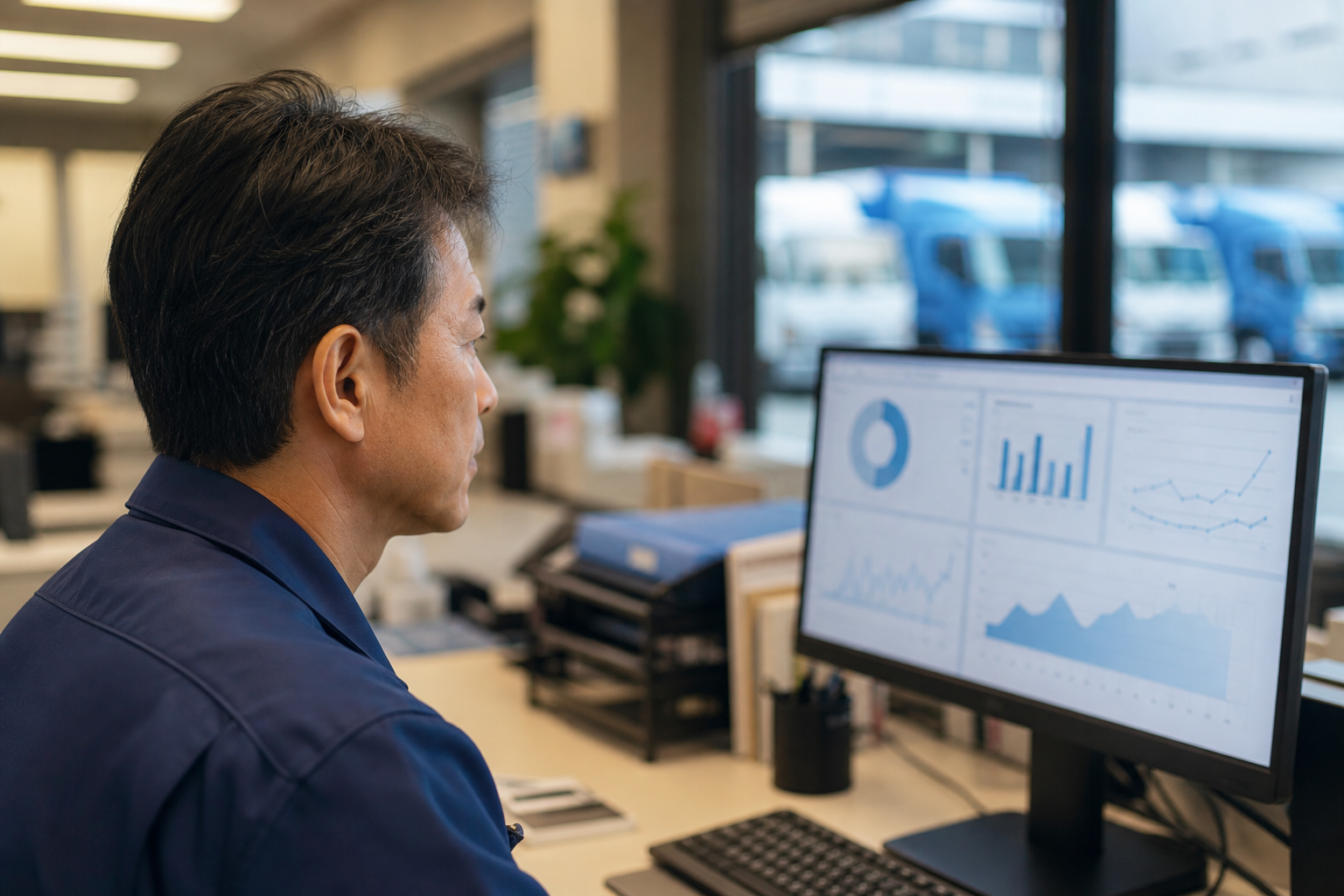 物流企業の管理者が健康管理ダッシュボードを確認している場面