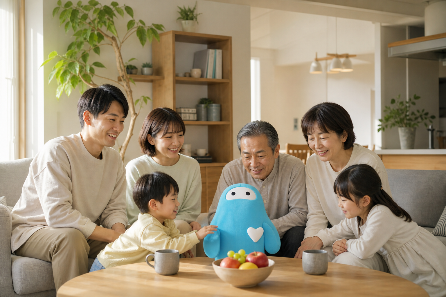 健康習慣を共有する多世代家族の明るい生活シーン