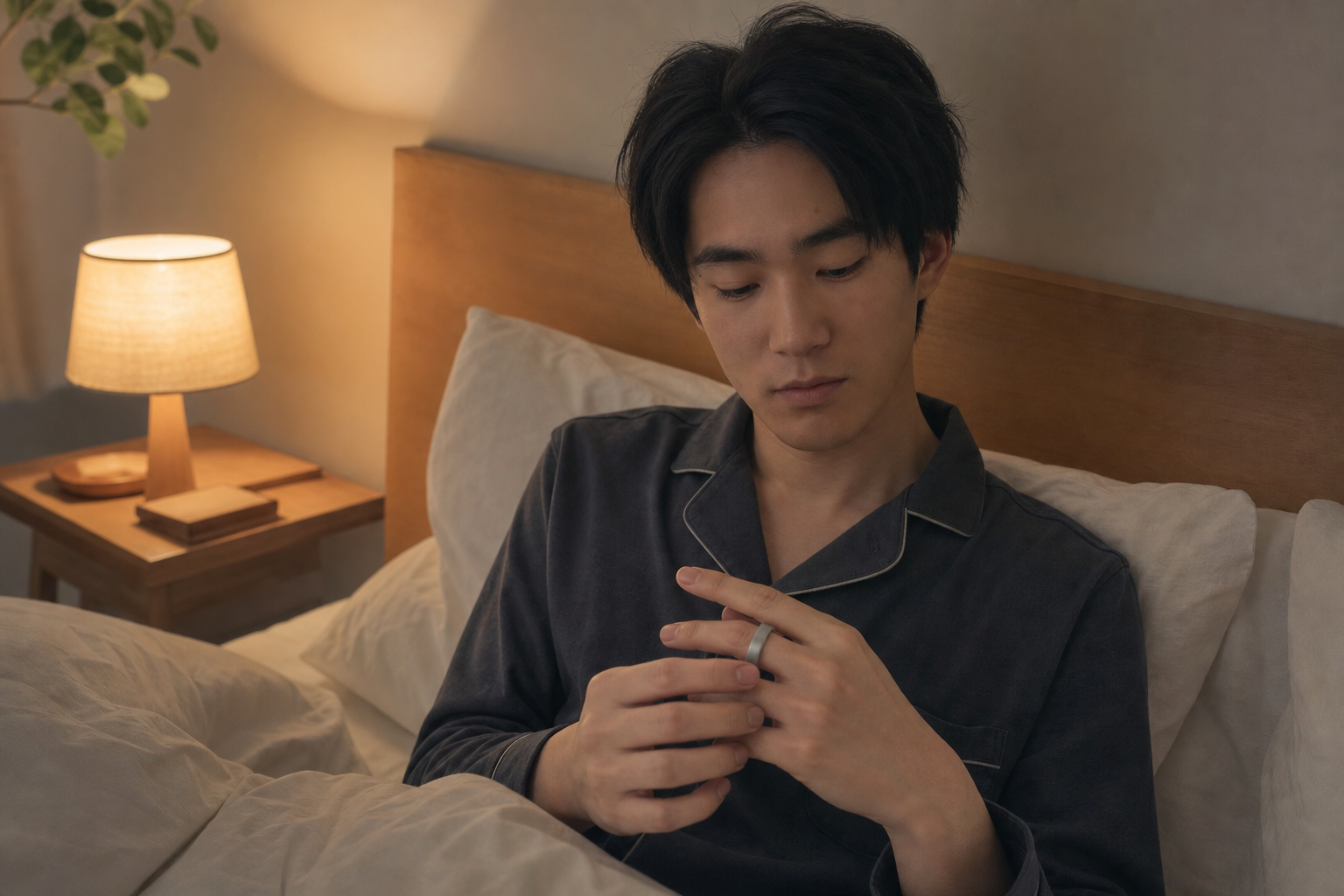 就寝前にスマートリングを装着する人物