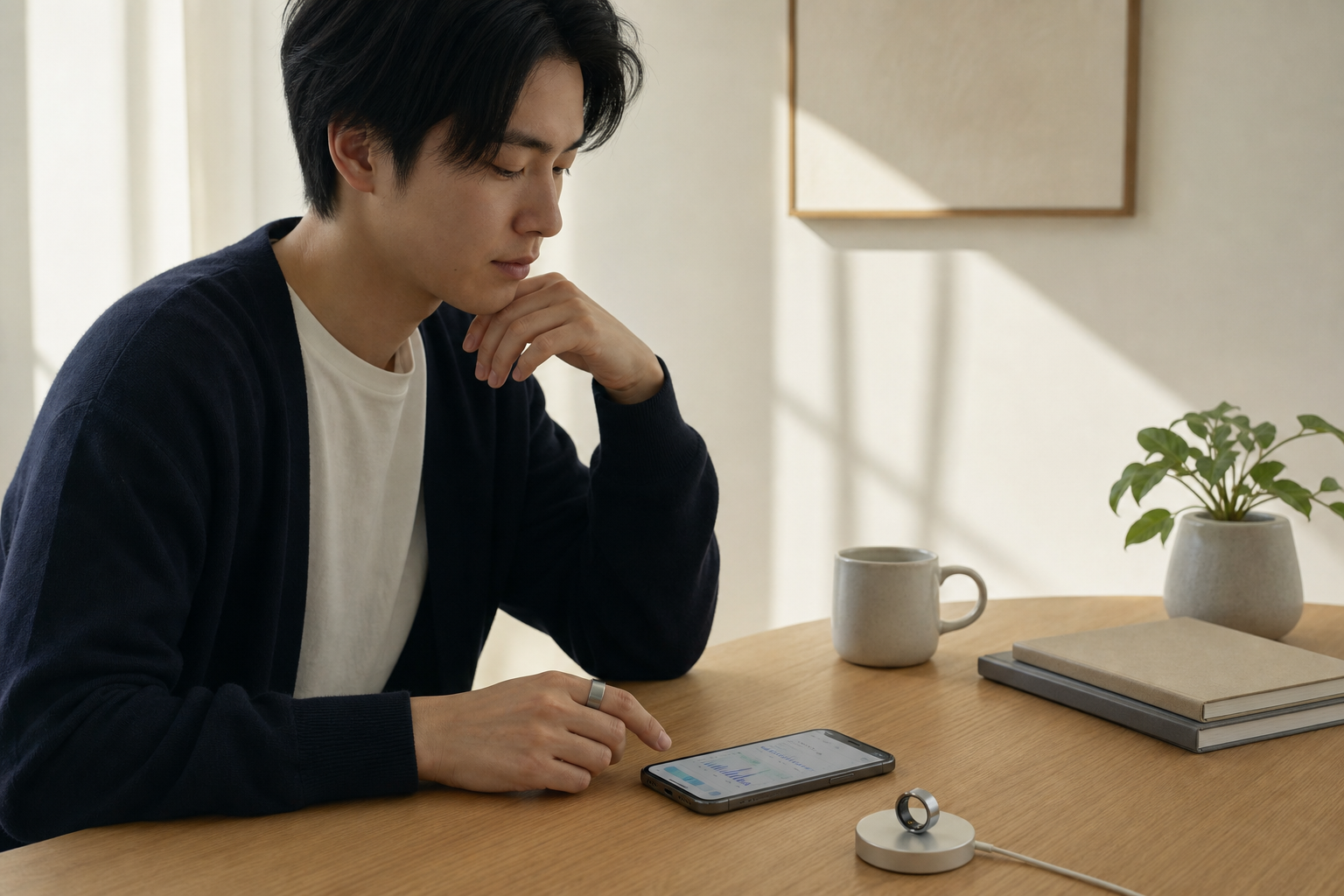 スマートリングを充電しながらヘルスダッシュボードを表示するスマートフォン