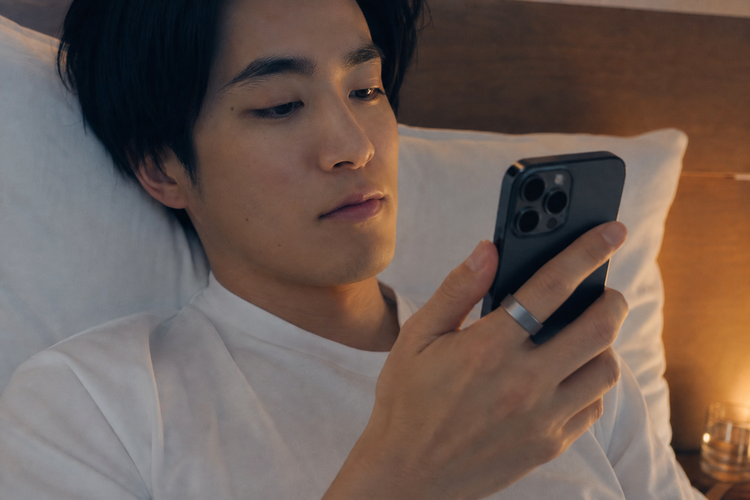 朝目覚めてスマートフォンの睡眠スコアを確認する人物の情景