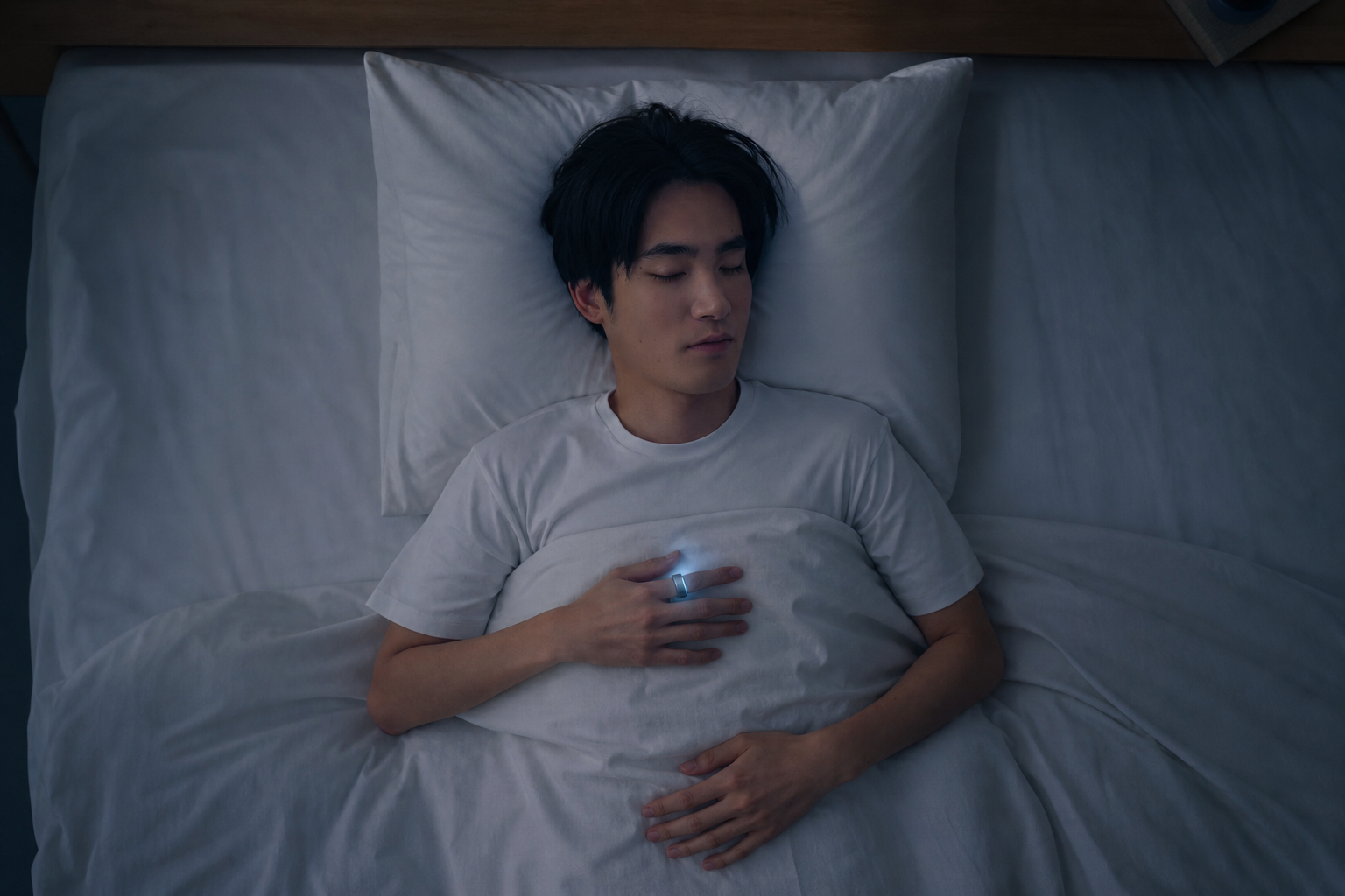 就寝前にスマートリングをつけてリラックスする人物の情景