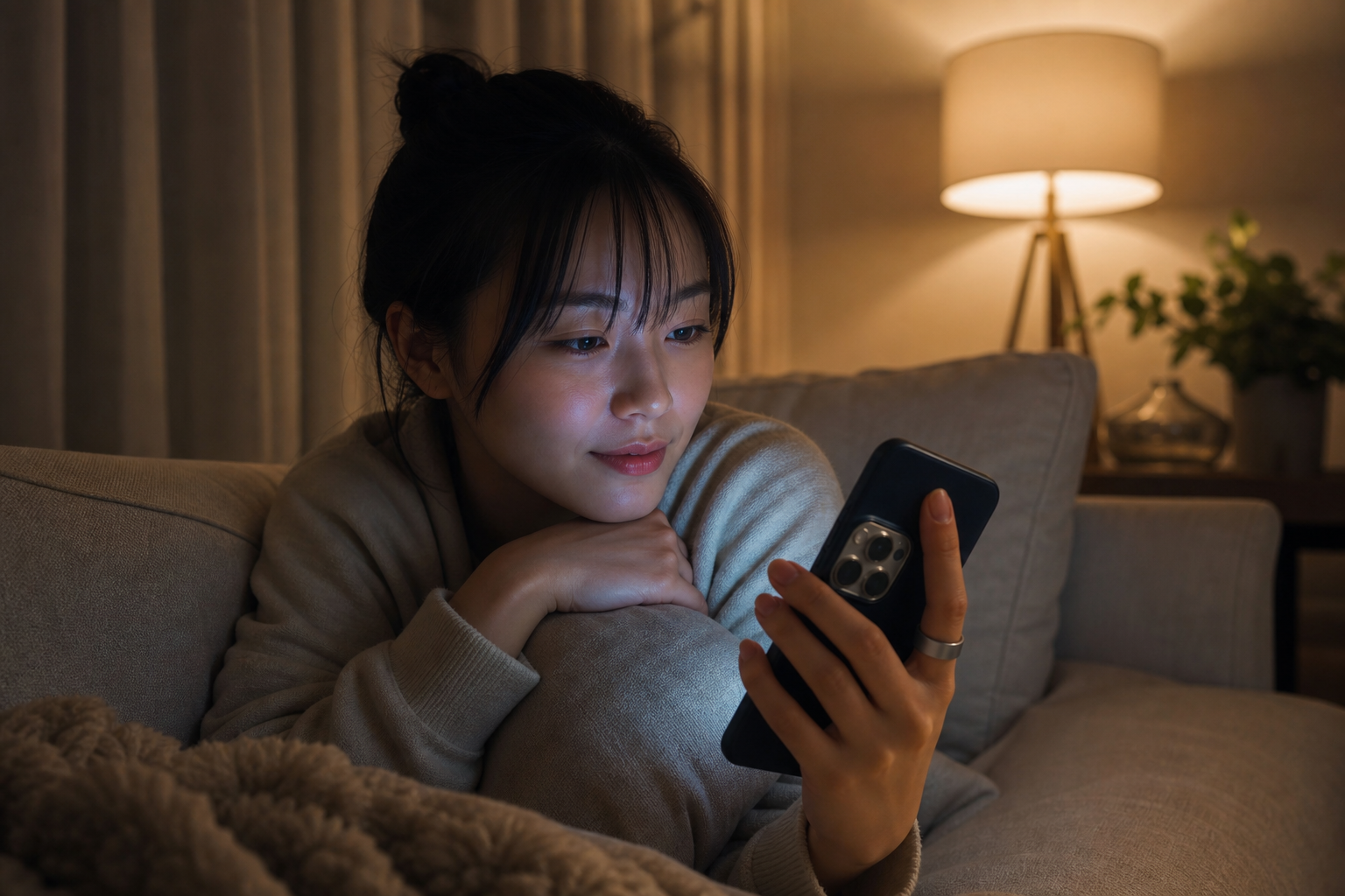 夜リラックスしながら健康データを確認する20代女性