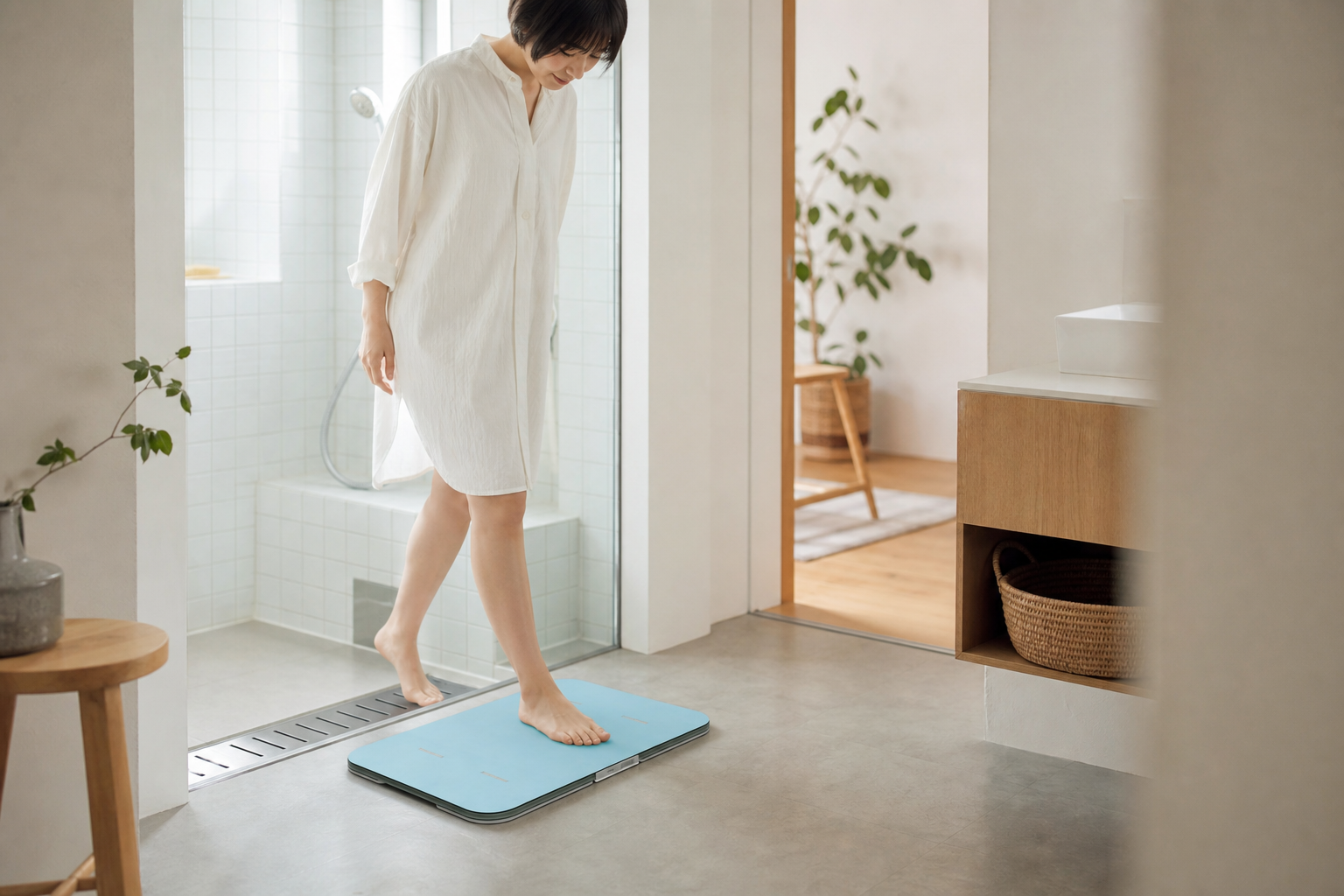 入浴後にスマートバスマットに乗る人物