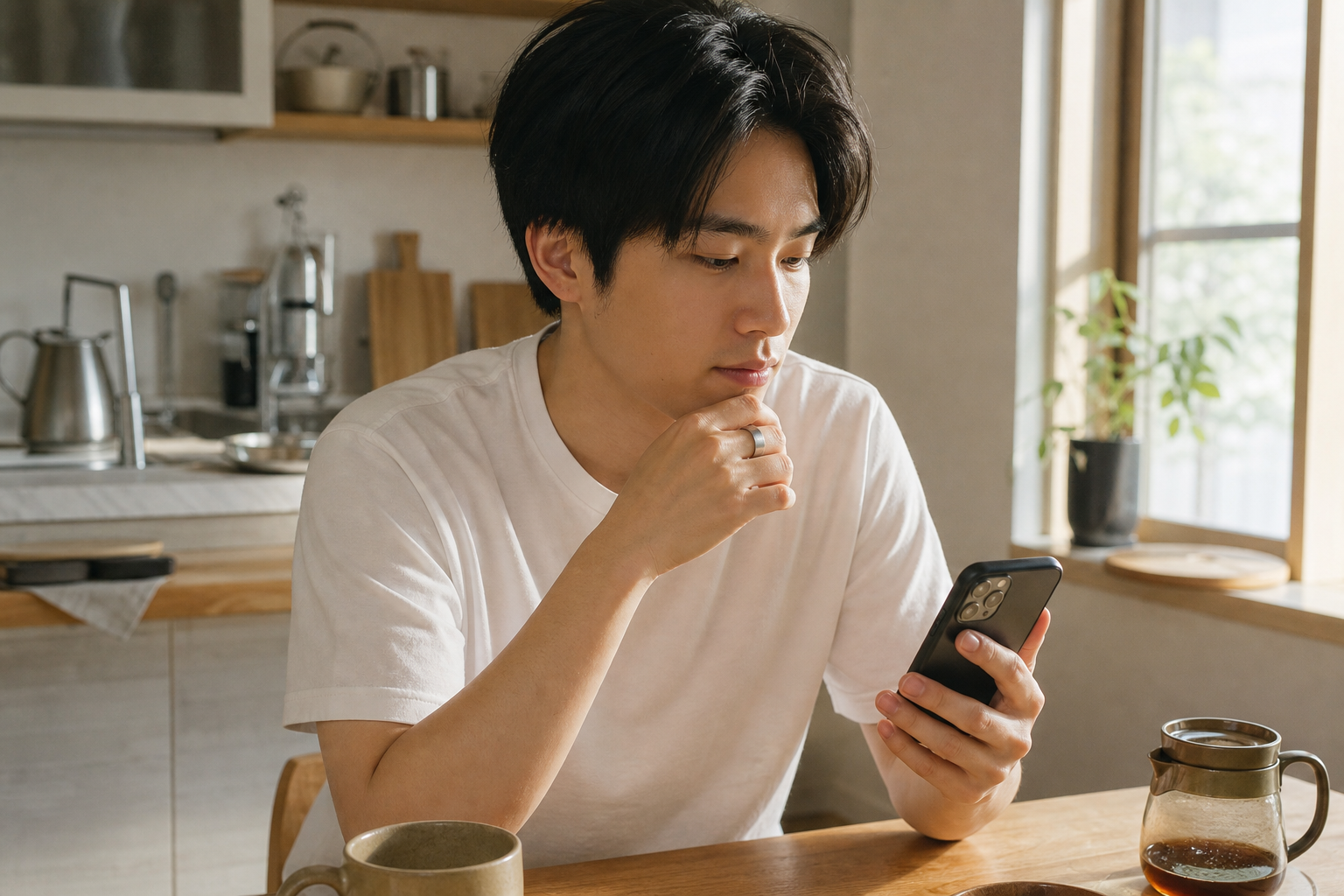 スマートリングとアプリで健康データを確認する朝の場面