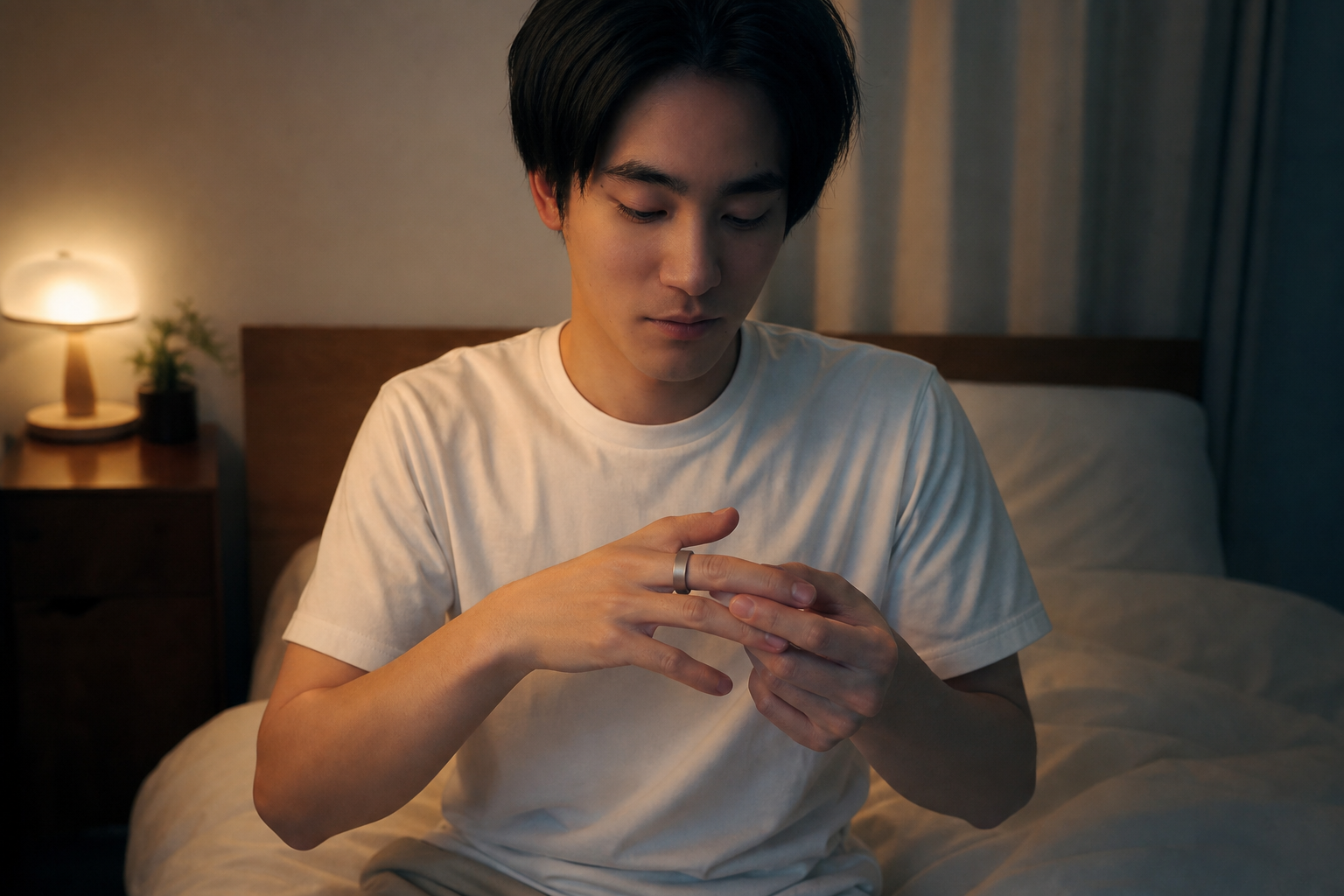 就寝前にスマートリングを装着する手元