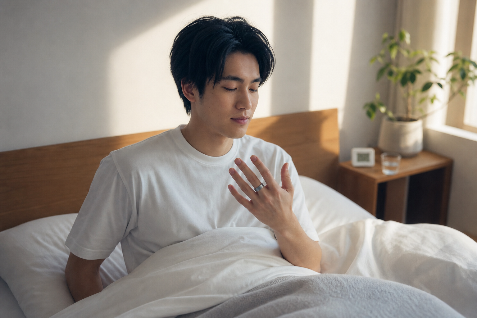 朝の目覚めにスマートリングのデータを確認する人物