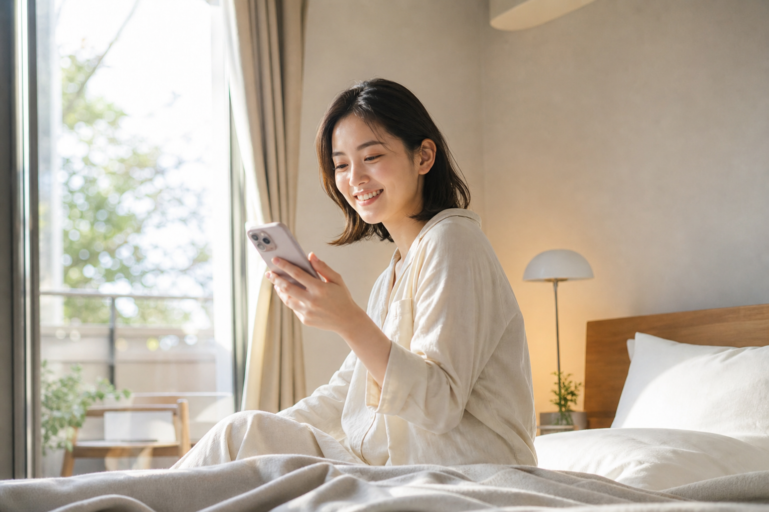 朝日の中でスマホの健康スコアを確認する人物