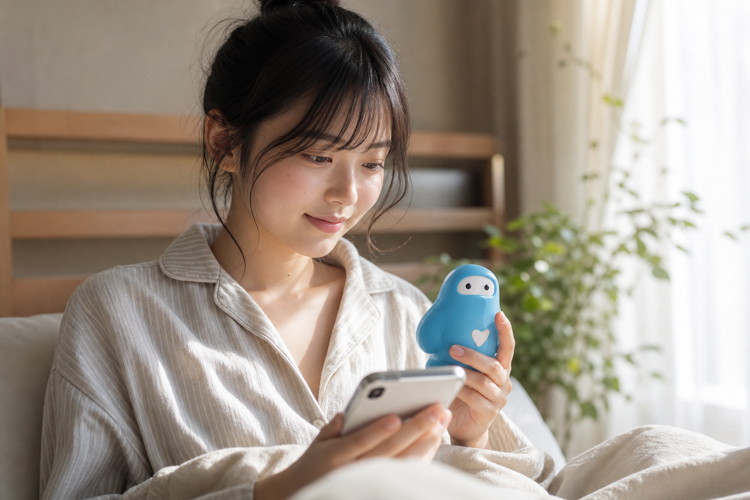 朝のキッチンでコーヒーを片手にスマートフォンの健康アプリを確認する人物