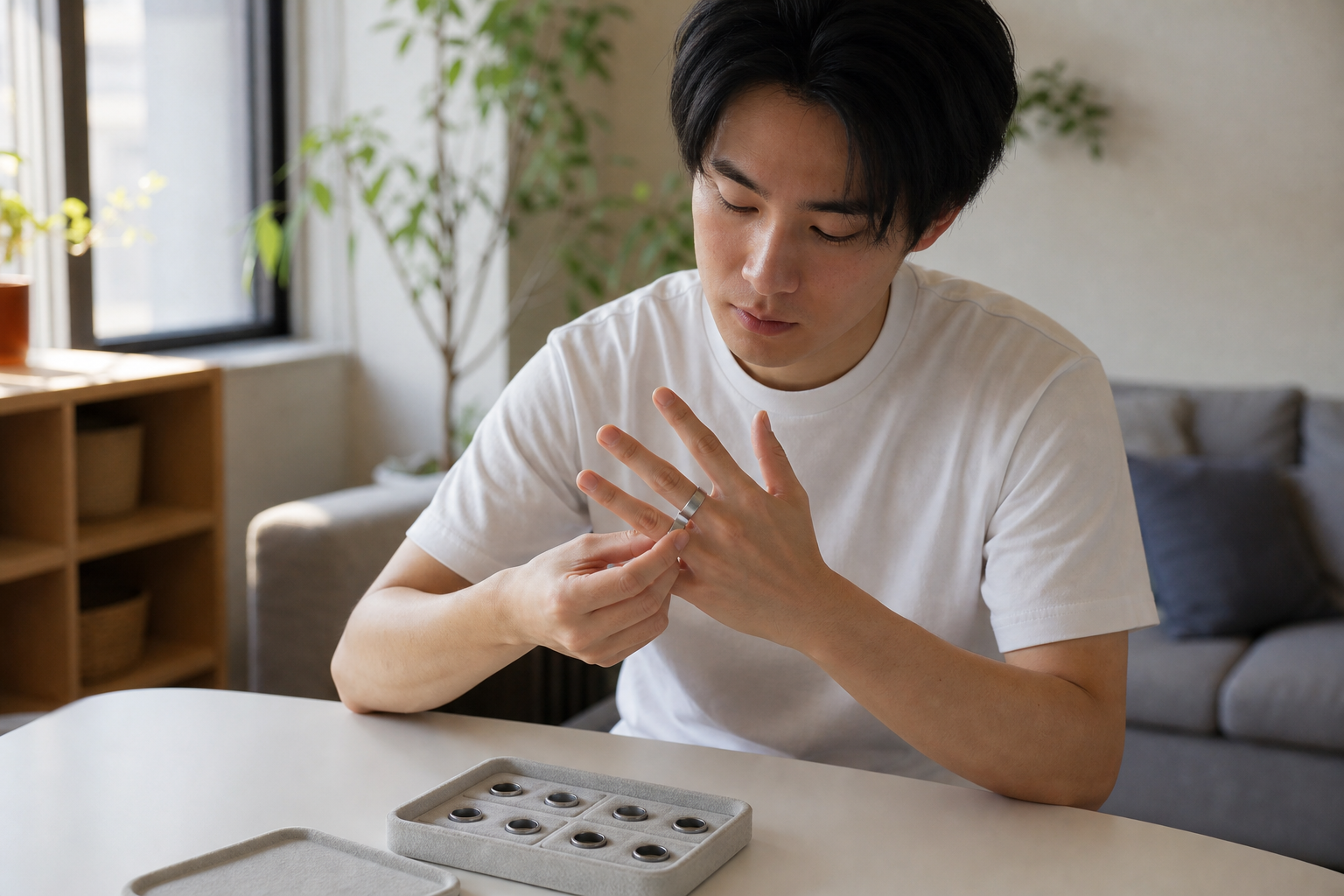 スマートリングのサイジングキットで正しいサイズを確認する手元
