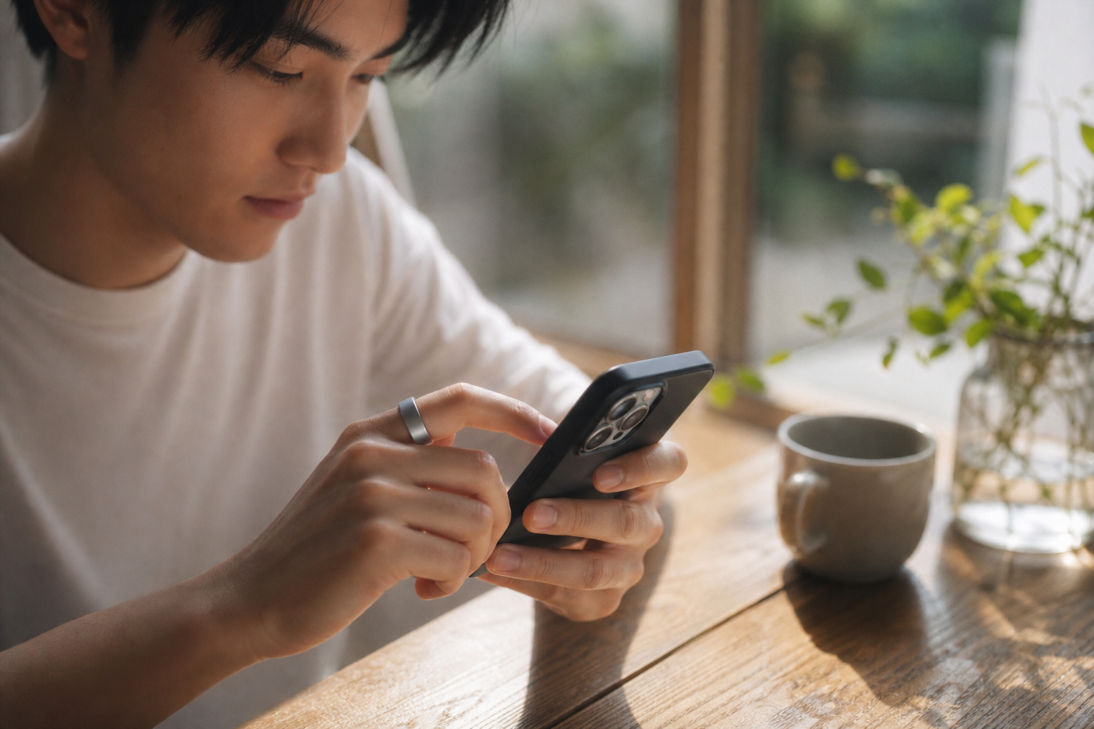 朝のルーティンでスマートリングのスコアを確認する人物