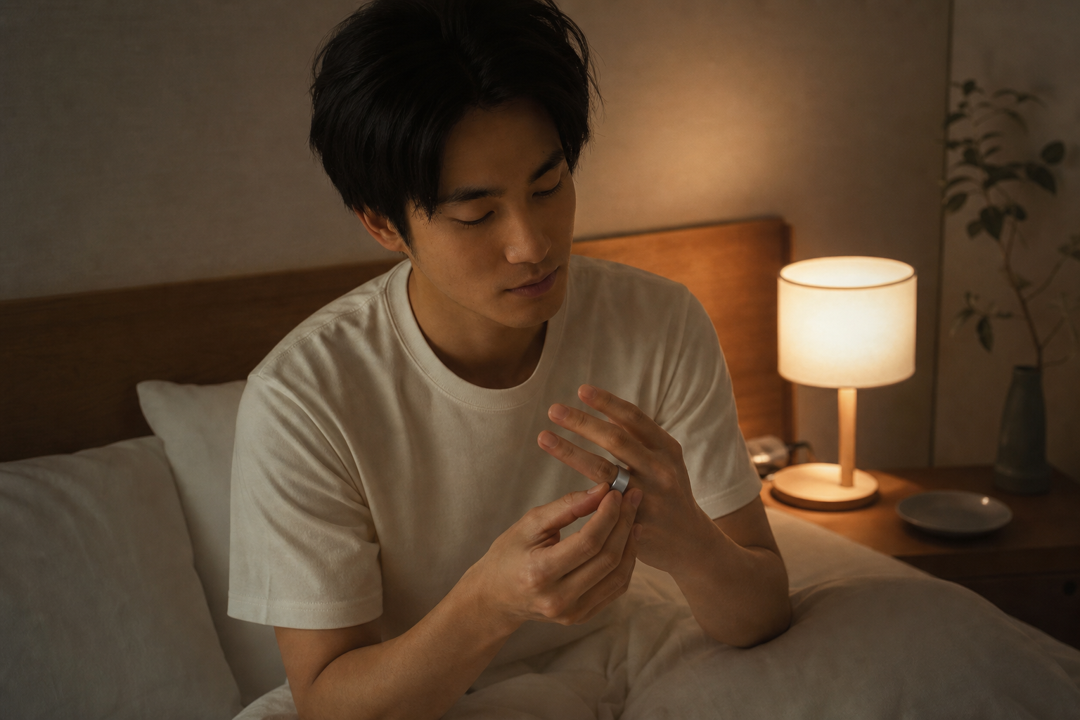 就寝前にスマートリングを装着する手元のクローズアップ
