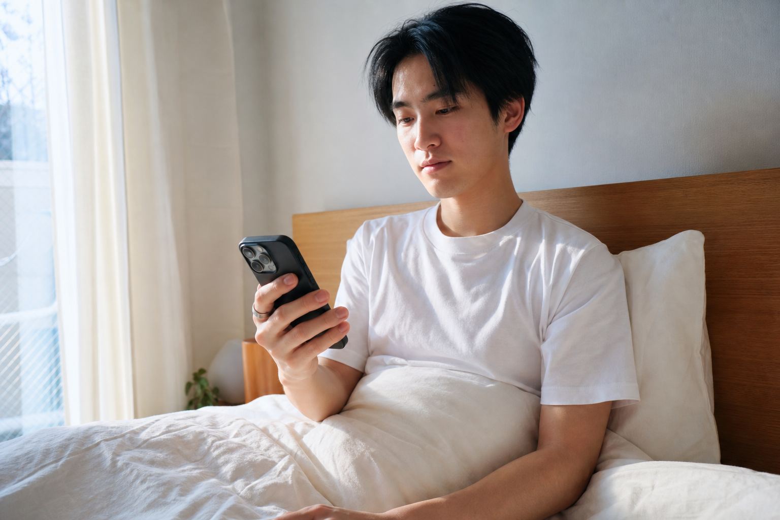 起床直後にスマートフォンで睡眠スコアを確認する朝の情景