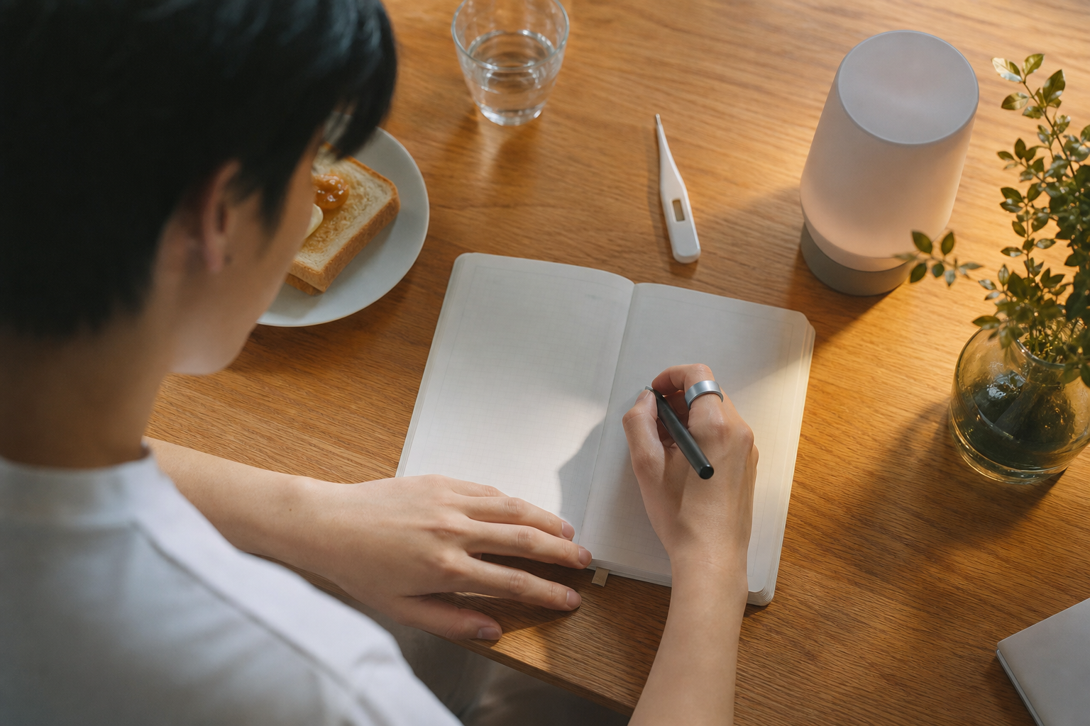 スマートリングを着けながら健康ログをつける様子