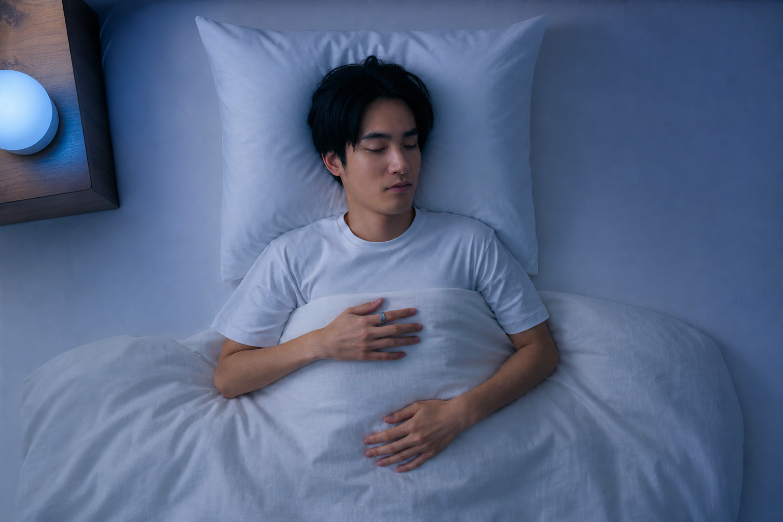 睡眠中にスマートリングを装着した手元