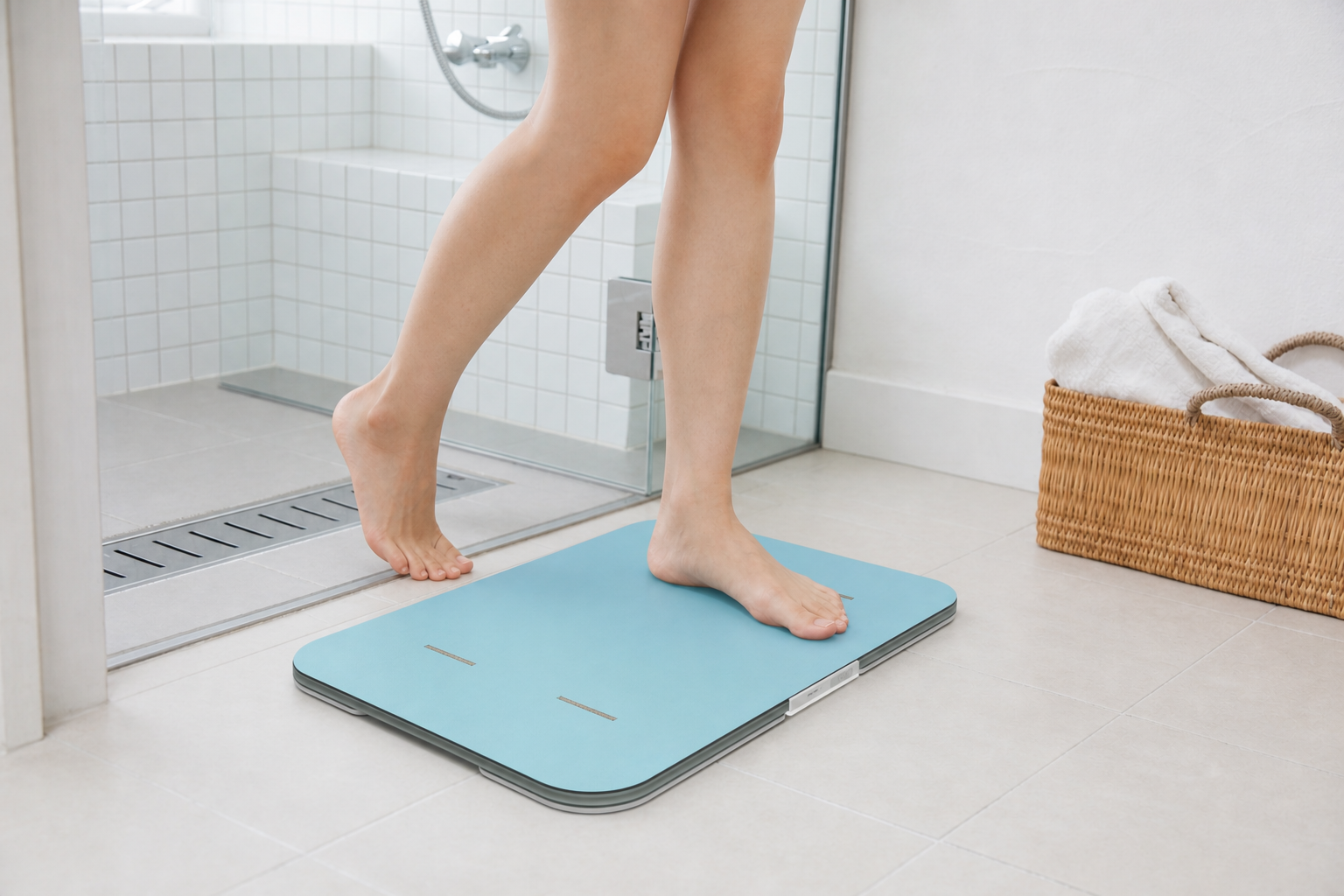 スマート体重計に乗る人の足元・朝の洗面所