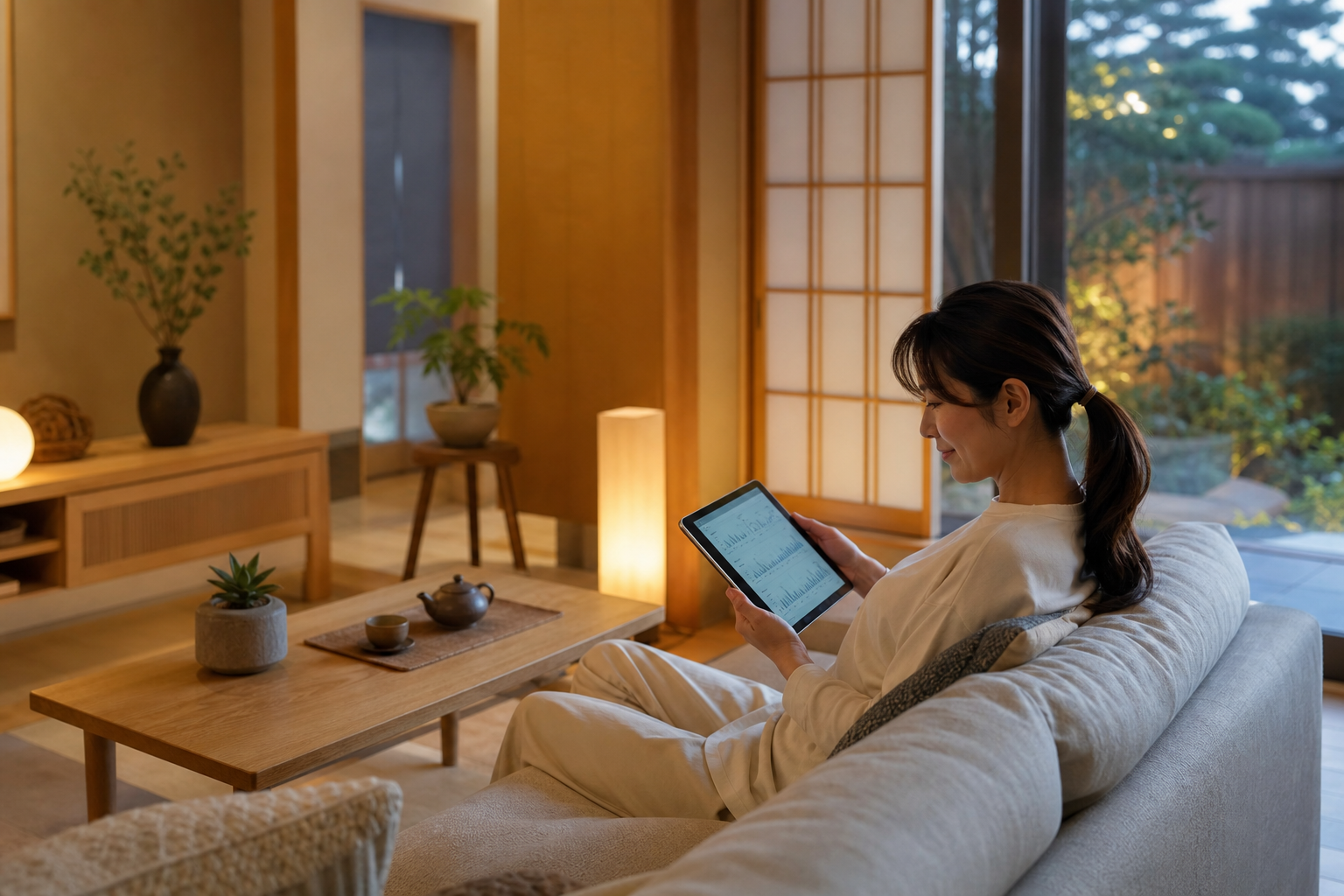 自宅でタブレットを見ながら健康データを確認する人物・夜のリラックスシーン