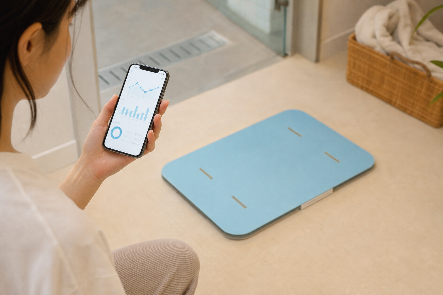スマートフォンで体組成データを確認する手元