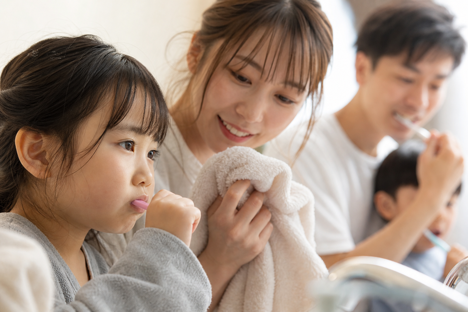 家族4人の朝のバスルームルーティンのイメージ